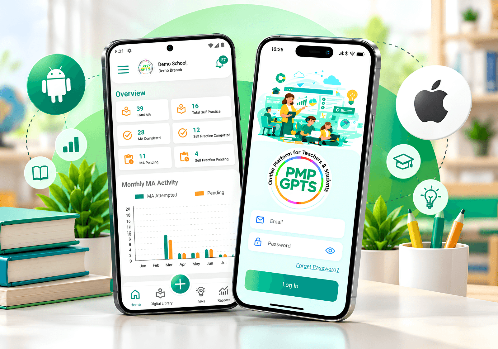 High-end smartphones showing modern LMS mobile application interfaces side-by-side